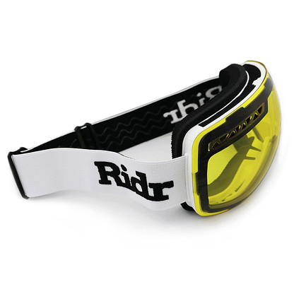 Low light yellow Lens on White Frame and Strap Ridr Edge ski / snowboard goggles